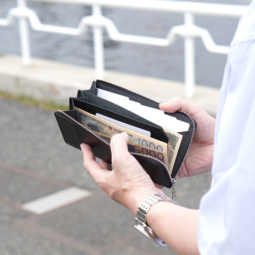 【Special Price/数量限定】L字型ファスナーロングウォレット(ブラッククロコ×ブラックスムース)